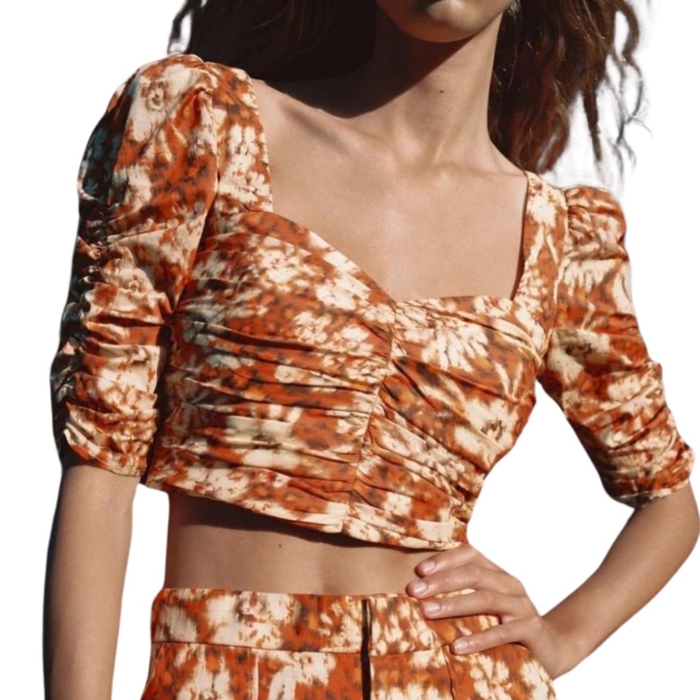 NEW Zara Cotton Womens Printed Ruched Crop Top Blouse Orange Cream Brown Cute